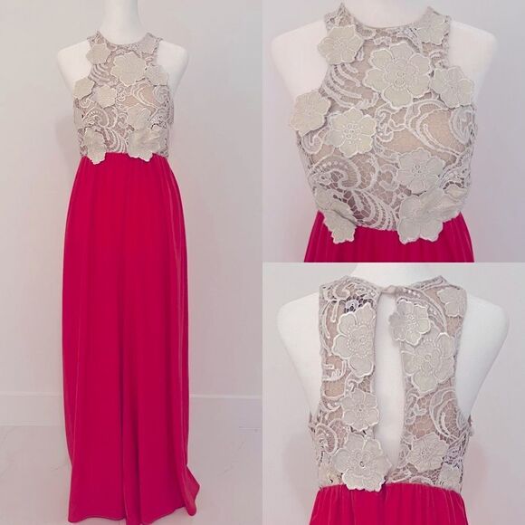Julian Chang Jumpsuit Coral White Lace Floral Keyhole - Picture 1 of 6